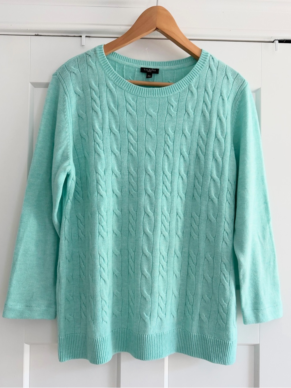 NWOT Talbots Petites Mint Green Cable Knit Sweater Crewneck XL P Lambswool Blend
